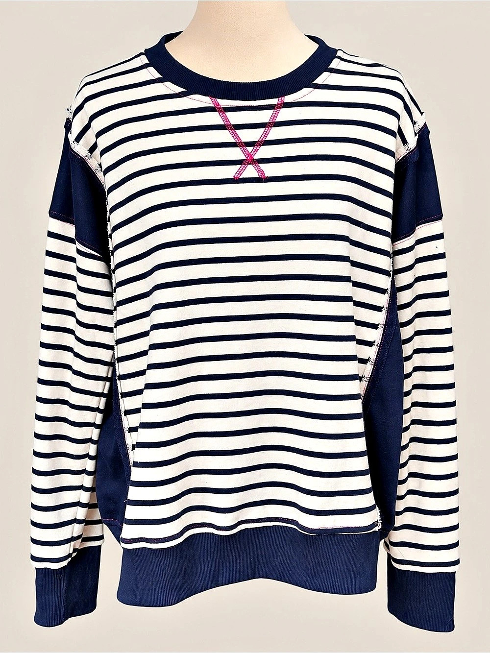 Hem & Thread Striped Colorblock Exposed Seam Sweatshirt Navy Cream M